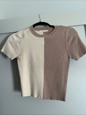 Split-Panel Ribbed Knit Top - Beige & Taupe